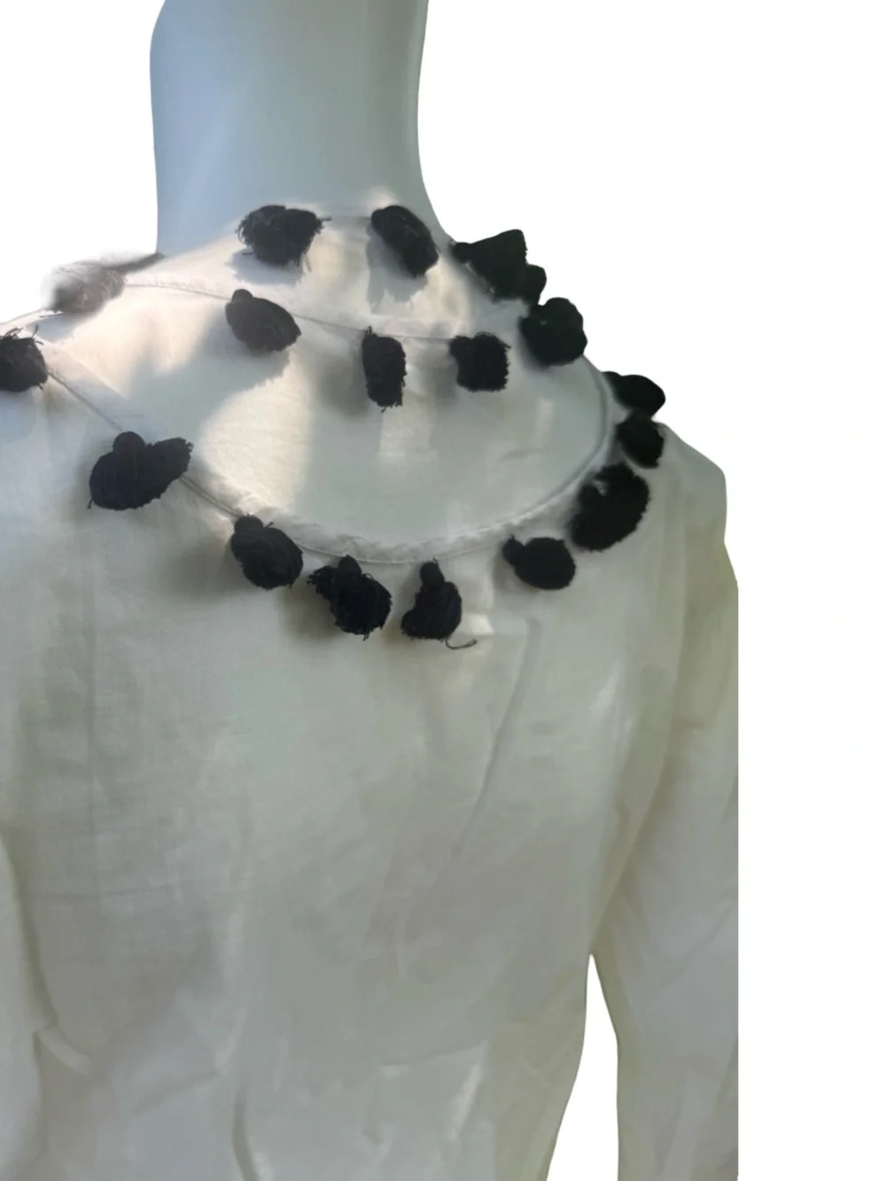 FIGUE (original) White Scoop Neck Top with Black Tassel Embellishment